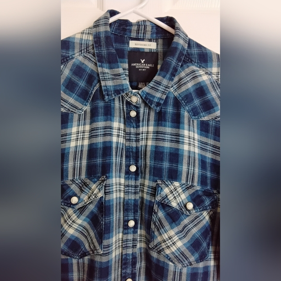 American Eagle Outfitters Blue and White Plaid Button-Down Shirt Womens - Picture 3 of 5